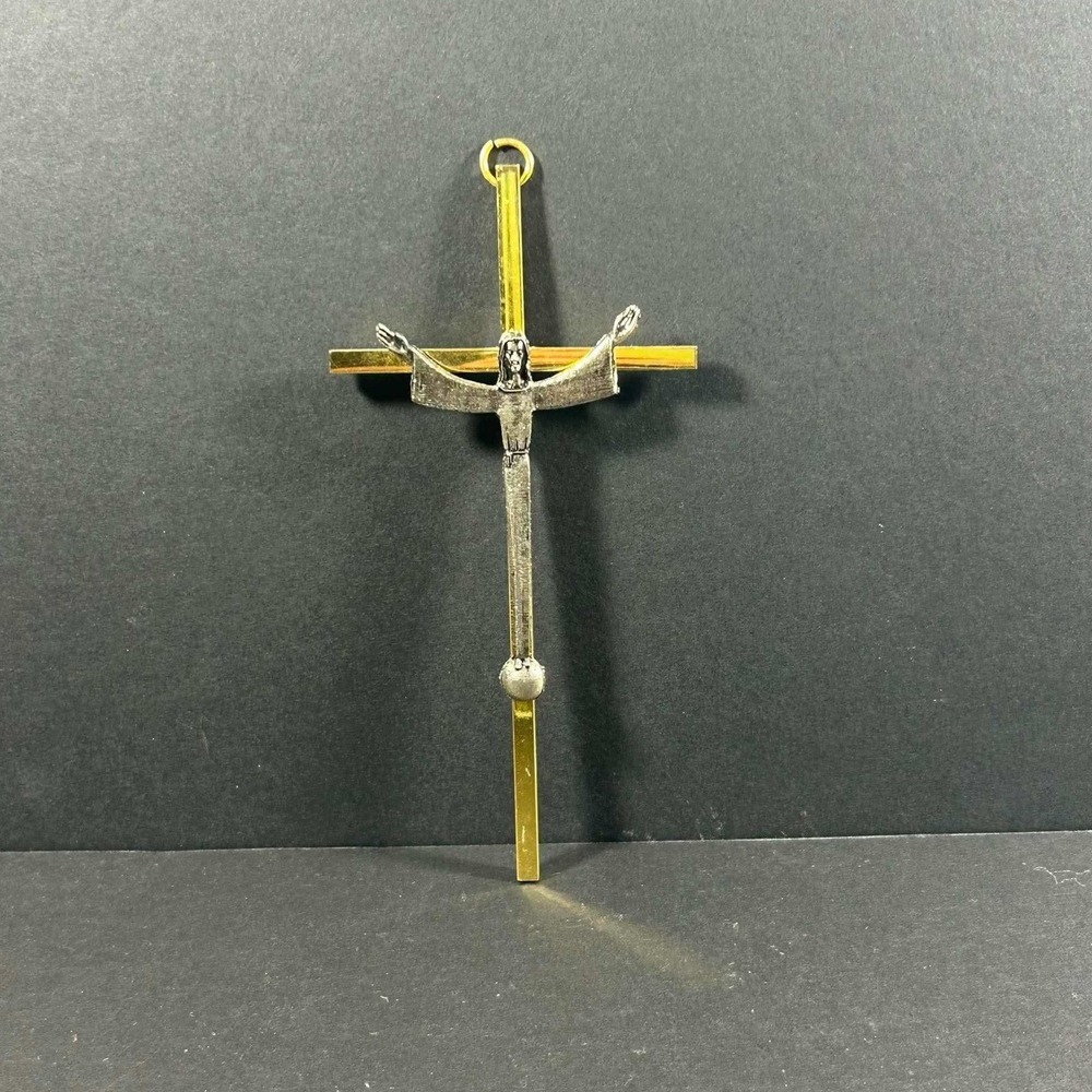Mid‎ Century Jesus Christ Crucifix Wall Cross Hanging Brass Pewter Christian